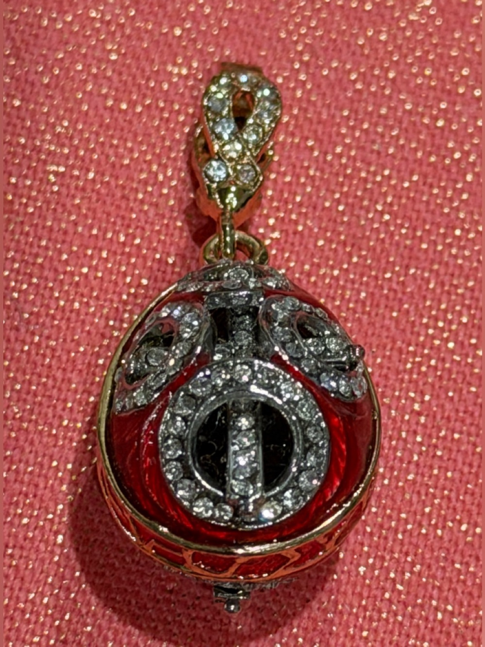 Crystal-Embellished Red and Gold Enamel Egg Pendant Necklace Faberge-inspired